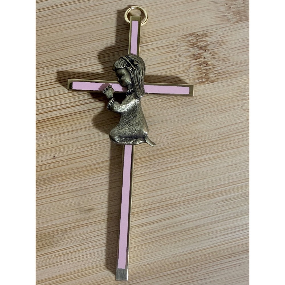 Wall Cross Girl Pink Enamel Gold Tone Metal Praying Religious Nursery Decor VTG
